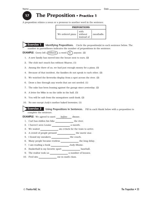 Grammar Exercise Workbook; Ch. 17; 17.1 Prepositions; Practice 1