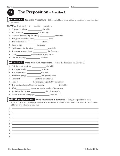 Grammar Exercise Workbook; Ch. 17; 17.1 Prepositions; Practice 1