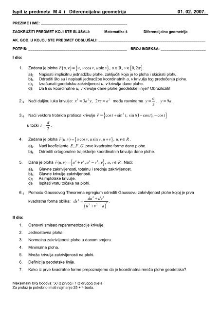 Page 1 Ispit iz predmeta M 4 i Diferencijalna geometrija 01. 02. 2007 ...