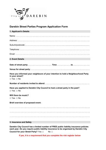 Darebin Street Parties Program Application Form - City of Darebin