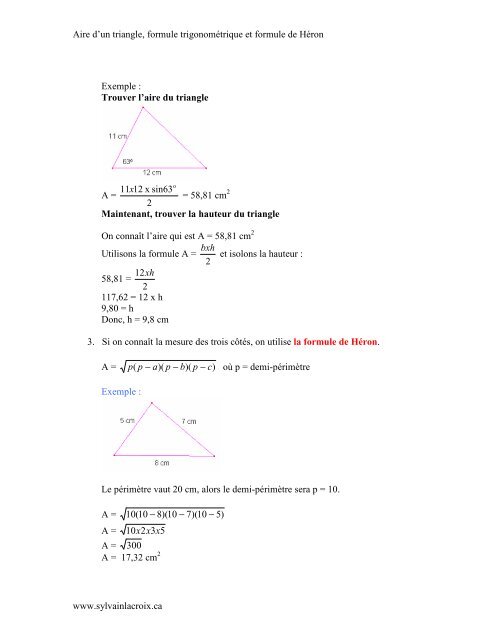 Aire d'un triangle, formule trigonomÃ©trique et formule de HÃ©ron www ...