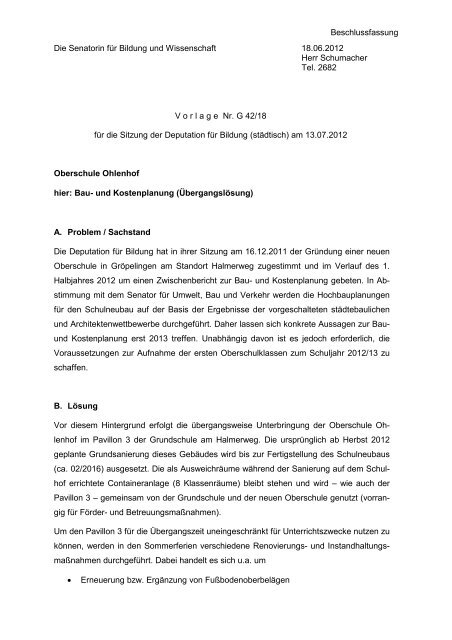 G42/18 Oberschule Ohlenhof, hier: Bau- und Kostenplanung