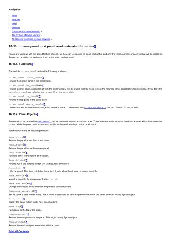 A panel stack extension for curses â Python v2.6.4 documentation