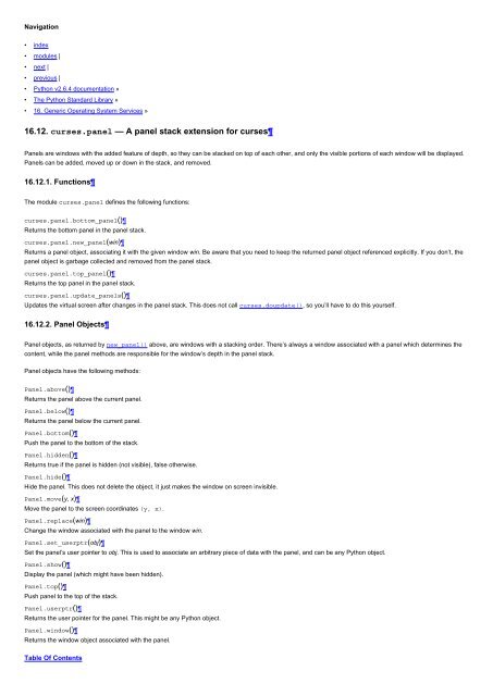 A panel stack extension for curses â Python v2.6.4 documentation