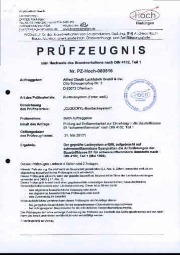 CLOUCRYL-Decklack Schwerentflammbarkeit gemäß DIN 4102-B1