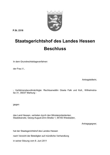 Staatsgerichtshof des Landes Hessen Beschluss