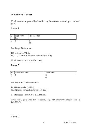 IP Address Classes IP addresses are generally classified by the ...