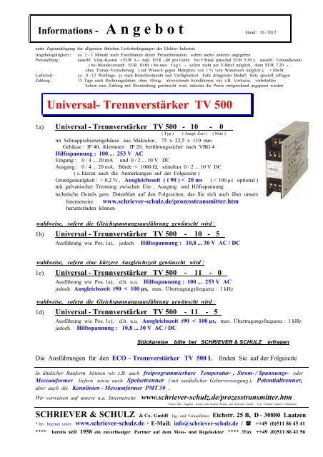 Trennverstärker TV 500 - SCHRIEVER & SCHULZ & Co. GmbH