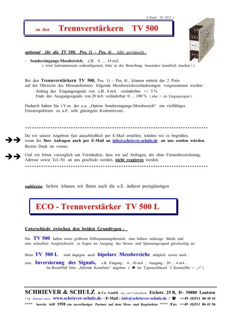 Trennverstärker TV 500 - SCHRIEVER & SCHULZ & Co. GmbH