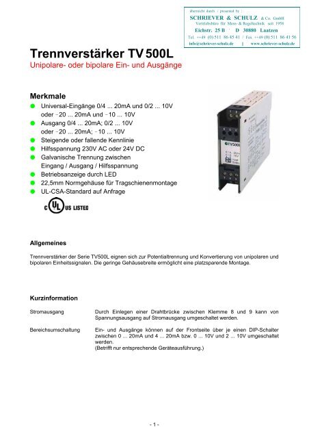 Trennverstärker TV 500 - SCHRIEVER & SCHULZ & Co. GmbH