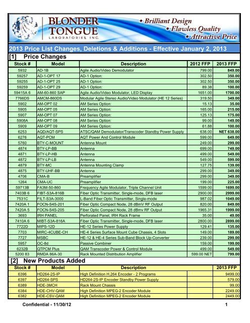 2013 Price List Changes, Deletions & Additions - Effective January 2 ...