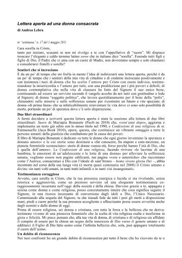 Lettera aperta ad una donna consacrata - Incontri di "Fine Settimana"