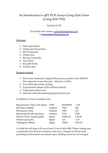 An Introduction to qRT-PCR Assays Using Sybr Green (Using SDS ...