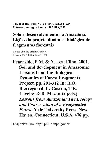 Solo e desenvolvimento na Amazônia: Lições do projeto dinâmica ...