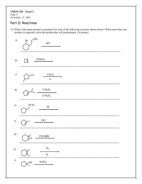 Elementary Organic Chemistry CHEM 220 Exam 4 November 12 ...