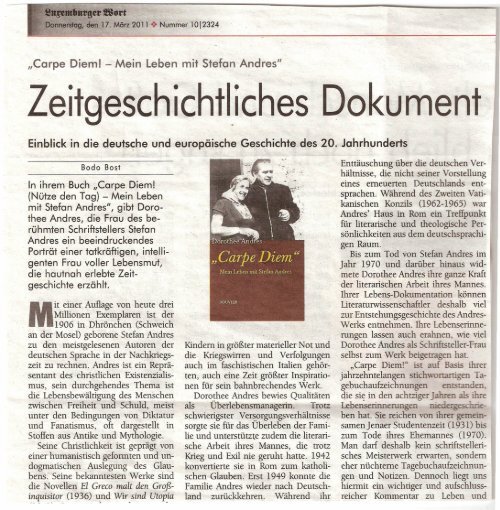 Dorothee Andres: Carpe Diem â Luxemburger Wort 17.03.11