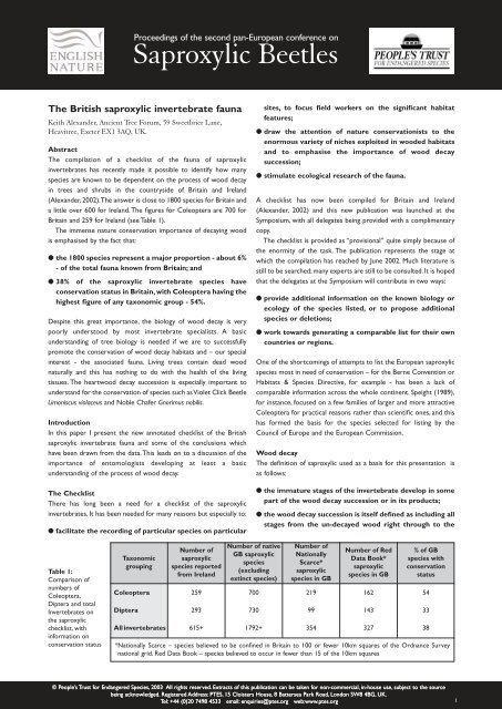 the British saproxylic invertebrate fauna - People's Trust for ...