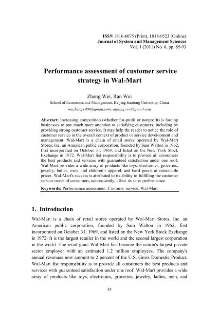 Performance Assessment of Customer Service Strategy in Wal-Mart