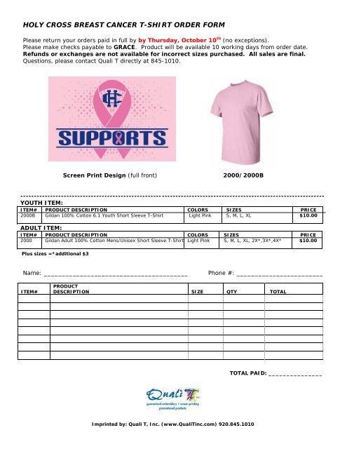 holy cross breast cancer t-shirt order form - Holy Cross Catholic School