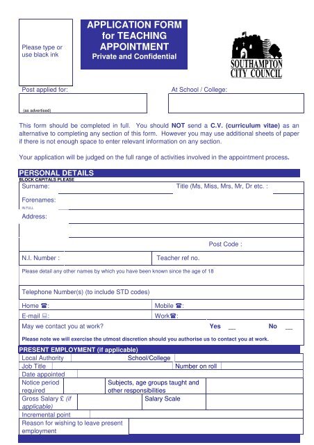 APPLICATION FORM for TEACHING APPOINTMENT - The TES