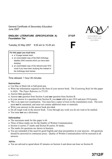 GCSE English Literature A 2007 Question Paper - Gosford Hill School