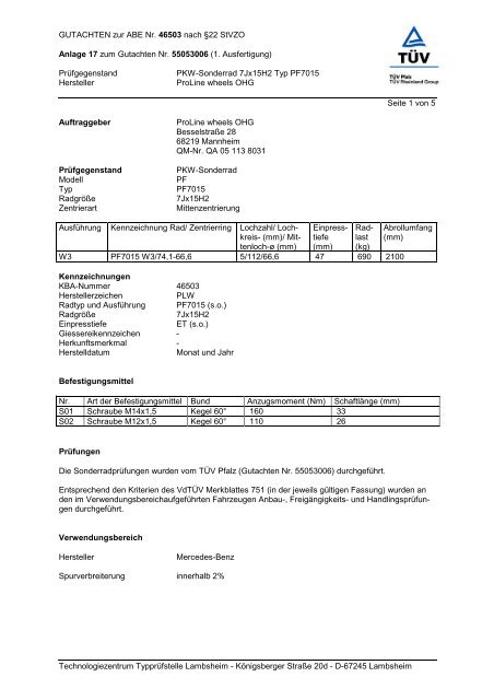 GUTACHTEN zur ABE Nr. 46503 nach Ã‚Â§22 StVZO Anlage 17 zum ...