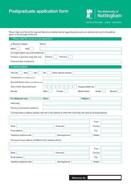 Postgraduate application form - The University of Nottingham ...