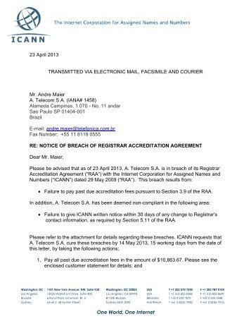 ICANN Sends Notice of Breach to Registrar