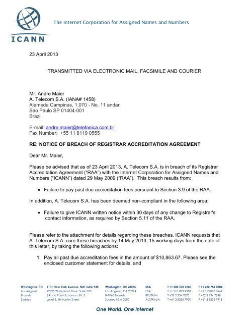ICANN Sends Notice of Breach to Registrar