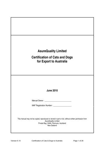 AsureQuality Limited Certification of Cats and Dogs for Export to ...