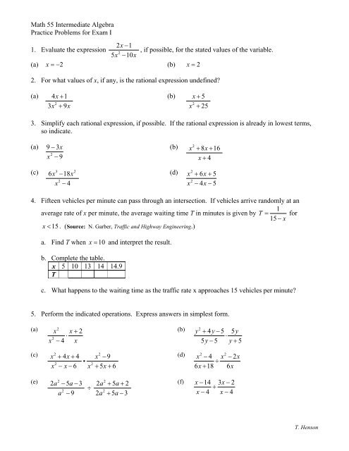 Math 55 Intermediate Algebra Practice Problems for Exam I 1 ...