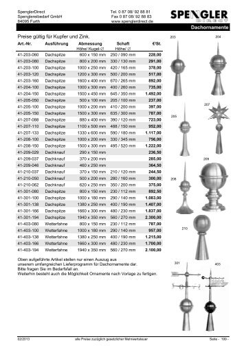Dachornamente Preise gÃ¼ltig fÃ¼r Kupfer und Zink.
