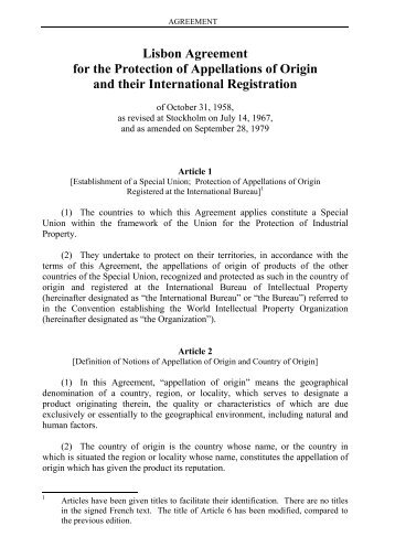 Lisbon Agreement for the Protection of Appellations of Origin ... - WIPO