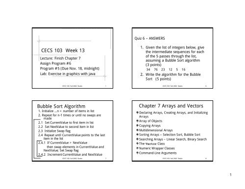 CECS 103 Week 13 Bubble Sort Algorithm Chapter 7 Arrays and ...