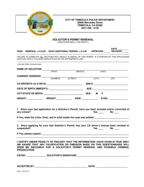 SOLICITOR'S PERMIT RENEWAL - City of Temecula