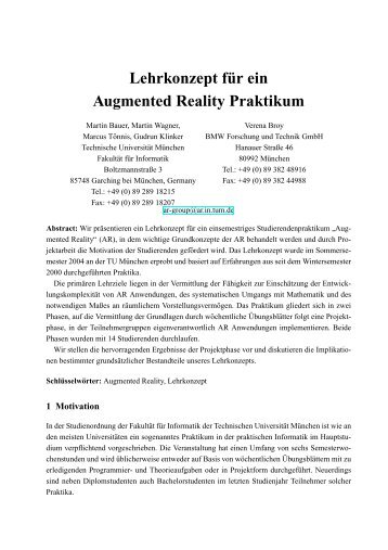 Lehrkonzept fÂ¨ur ein Augmented Reality Praktikum - Chair for ...