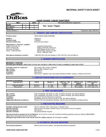 material safety data sheet hand shake liquid sanitizer - DuBois ...