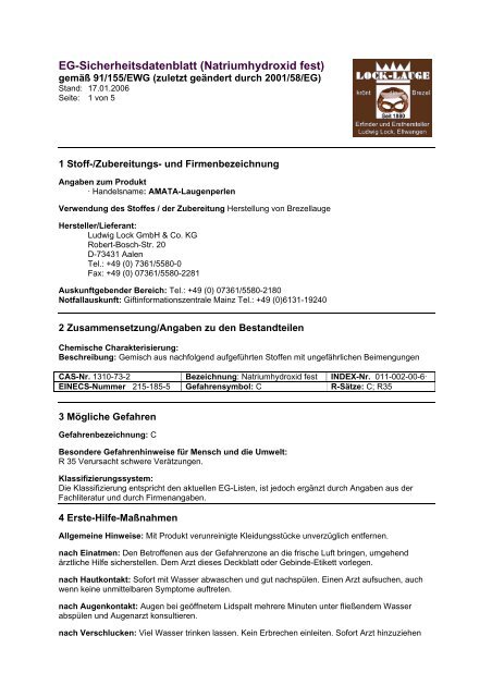 EG-Sicherheitsdatenblatt (Natriumhydroxid fest) - Lock Laugen