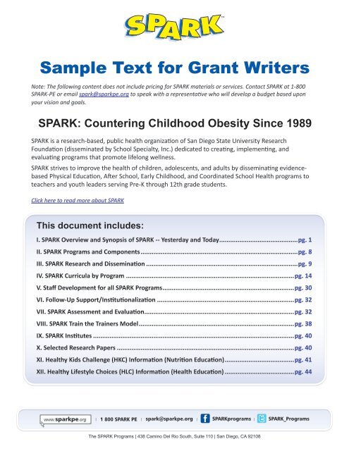 Sample Text for Grant Writers - Spark Physical Education