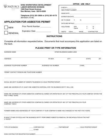 Application for Asbestos Permit - Iowa Workforce Development