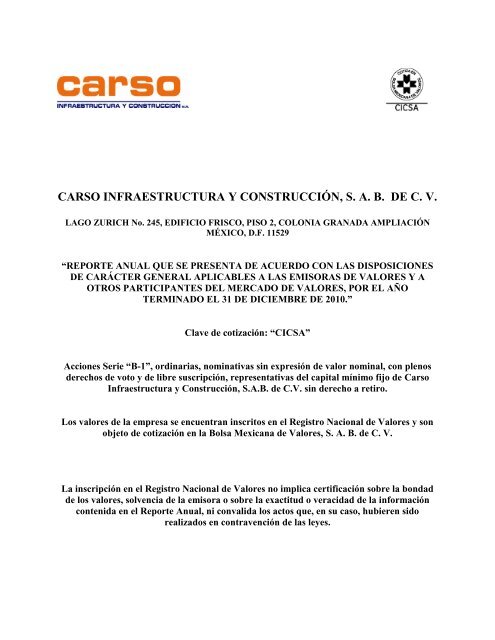 carso infraestructura y construcciÃ³n, sab de cv - Bolsa Mexicana de ...