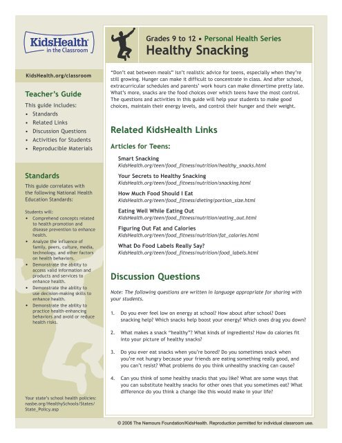 Teacher's Guide: Healthy Snacking - KidsHealth in the Classroom