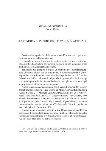 Continella G., La dimora di Pietro Paolo Vasta in Acireale