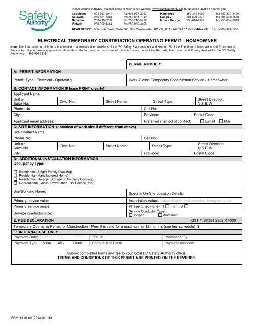 electrical temporary construction operating permit - homeowner