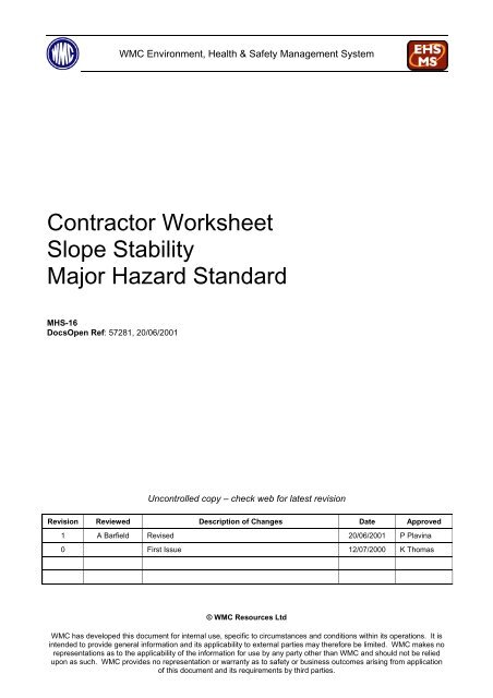 Contractor Worksheet Slope Stability Major Hazard ... - MIRMgate