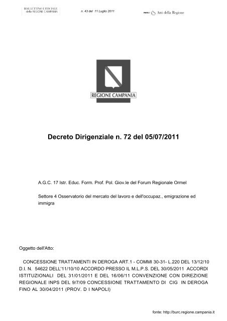 Decreto Dirigenziale n. 72 del 05/07/2011 - Provincia di Napoli