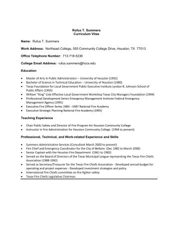 Rufus T. Summers Curriculum Vitae Name: Rufus T. Summers Work ...