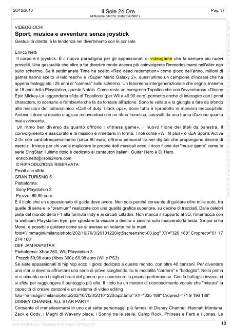 Rassegna Stampa del 20/12/2010 - Aesvi