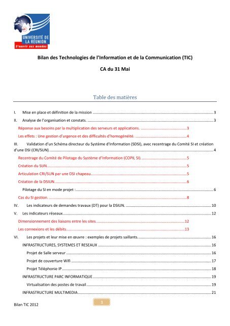 Bilan des Technologies de l'Information et de la Communication (TIC)