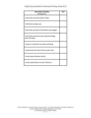 Student Facing Rubric for Information Writing